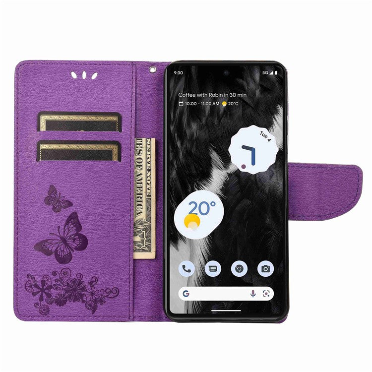 For Google Pixel 7 5G Butterflies Flower Imprinting PU Leather Cover Stand Wallet Magnetic Clasp Shockproof Case - Purple