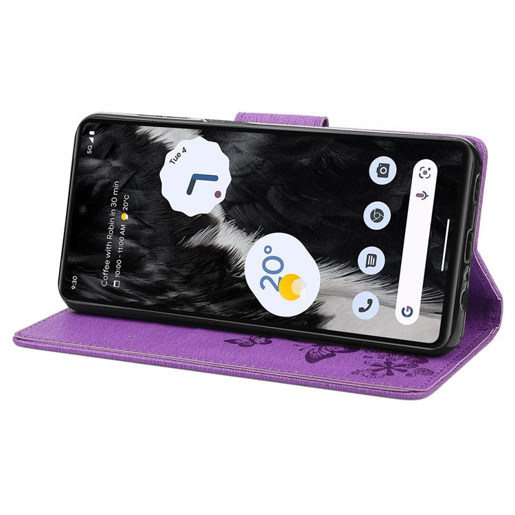 For Google Pixel 7 5G Butterflies Flower Imprinting PU Leather Cover Stand Wallet Magnetic Clasp Shockproof Case - Purple