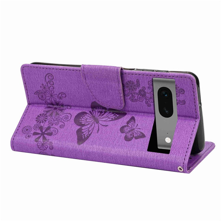 For Google Pixel 7 5G Butterflies Flower Imprinting PU Leather Cover Stand Wallet Magnetic Clasp Shockproof Case - Purple