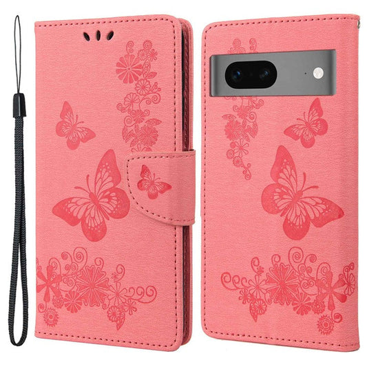 For Google Pixel 7 5G Butterflies Flower Imprinting PU Leather Cover Stand Wallet Magnetic Clasp Shockproof Case - Pink