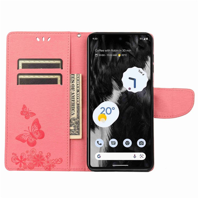 For Google Pixel 7 5G Butterflies Flower Imprinting PU Leather Cover Stand Wallet Magnetic Clasp Shockproof Case - Pink