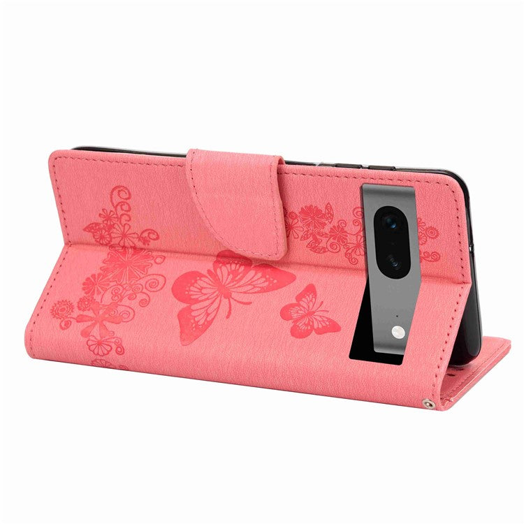 For Google Pixel 7 5G Butterflies Flower Imprinting PU Leather Cover Stand Wallet Magnetic Clasp Shockproof Case - Pink