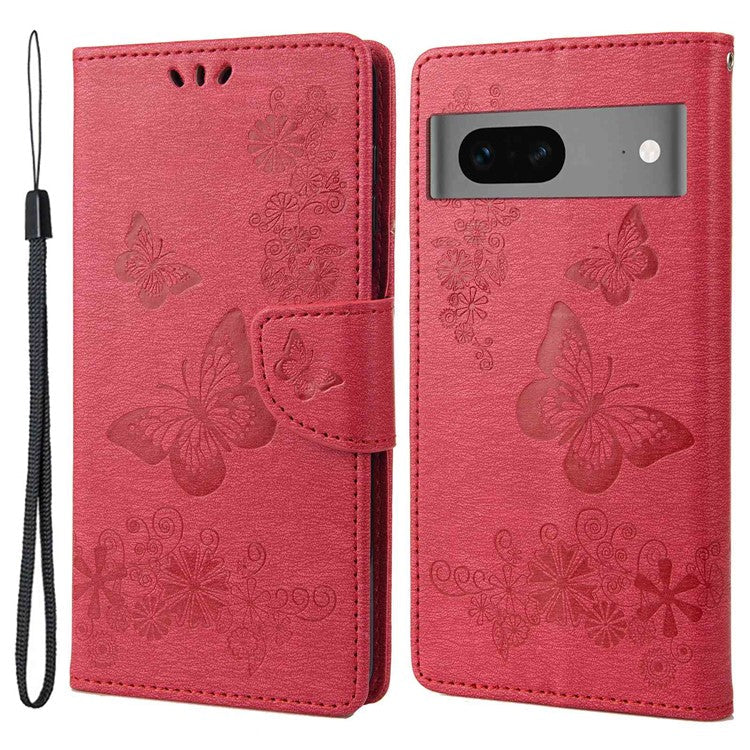 For Google Pixel 7 5G Butterflies Flower Imprinting PU Leather Cover Stand Wallet Magnetic Clasp Shockproof Case - Red