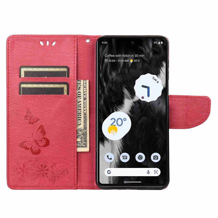 For Google Pixel 7 5G Butterflies Flower Imprinting PU Leather Cover Stand Wallet Magnetic Clasp Shockproof Case - Red