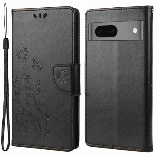 For Google Pixel 7 5G Imprinting Flower Butterflies Phone Cover PU Leather Anti-scratch Wallet Stand Case - Black