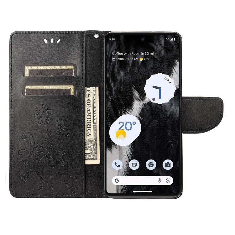 For Google Pixel 7 5G Imprinting Flower Butterflies Phone Cover PU Leather Anti-scratch Wallet Stand Case - Black