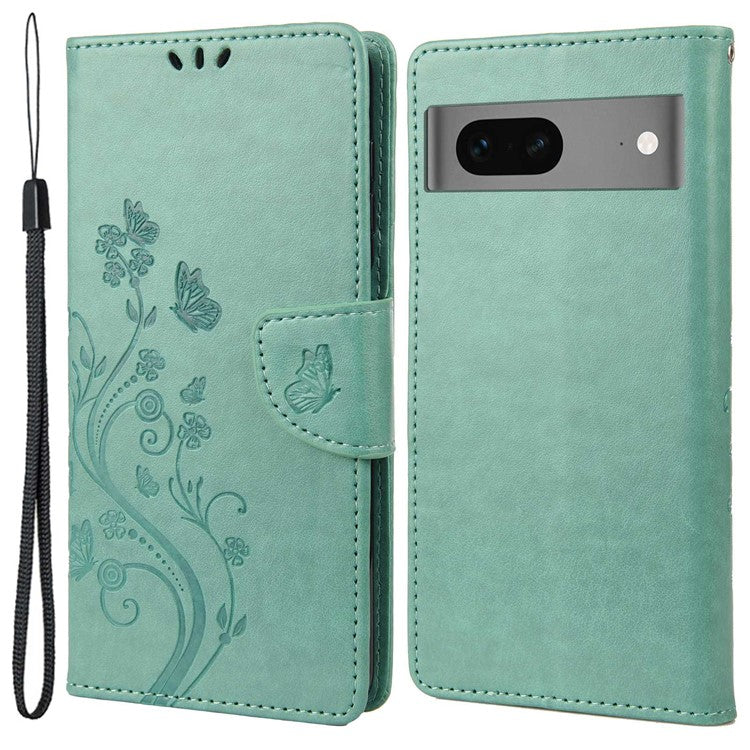 For Google Pixel 7 5G Imprinting Flower Butterflies Phone Cover PU Leather Anti-scratch Wallet Stand Case - Green