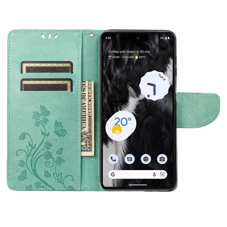 For Google Pixel 7 5G Imprinting Flower Butterflies Phone Cover PU Leather Anti-scratch Wallet Stand Case - Green