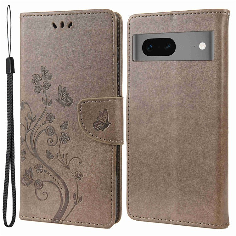 For Google Pixel 7 5G Imprinting Flower Butterflies Phone Cover PU Leather Anti-scratch Wallet Stand Case - Grey