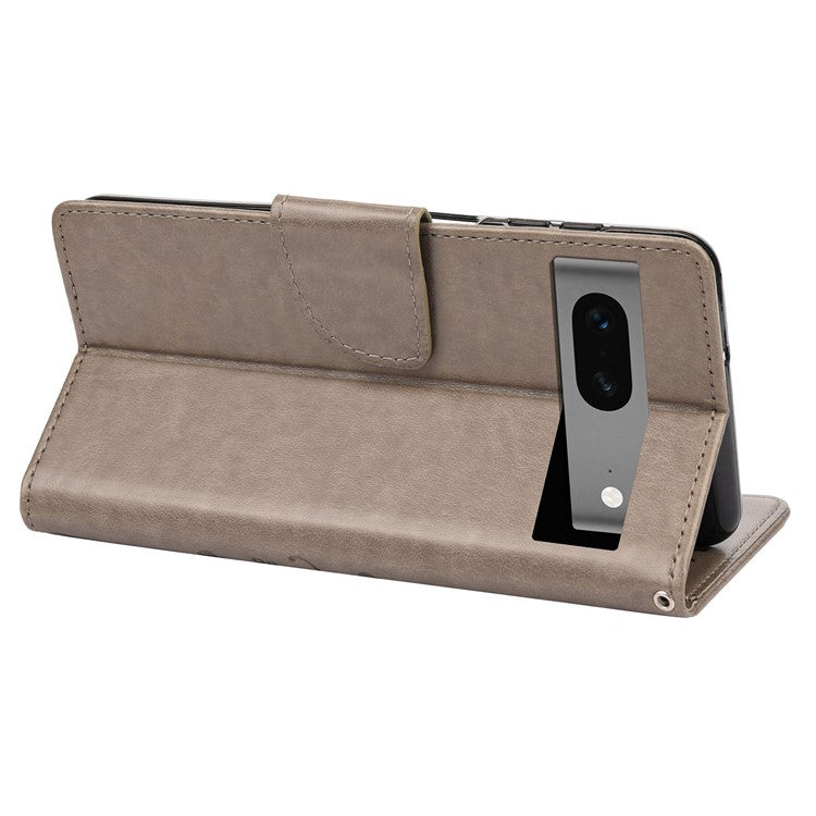 For Google Pixel 7 5G Imprinting Flower Butterflies Phone Cover PU Leather Anti-scratch Wallet Stand Case - Grey