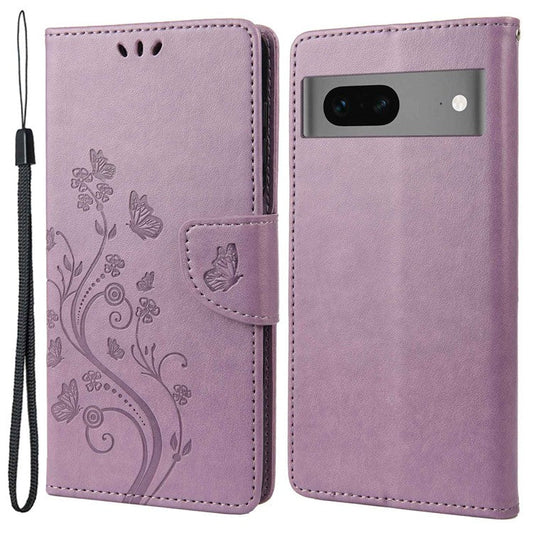 For Google Pixel 7 5G Imprinting Flower Butterflies Phone Cover PU Leather Anti-scratch Wallet Stand Case - Light Purple