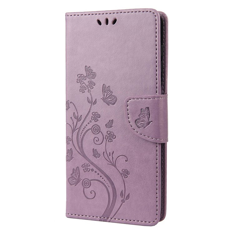 For Google Pixel 7 5G Imprinting Flower Butterflies Phone Cover PU Leather Anti-scratch Wallet Stand Case - Light Purple