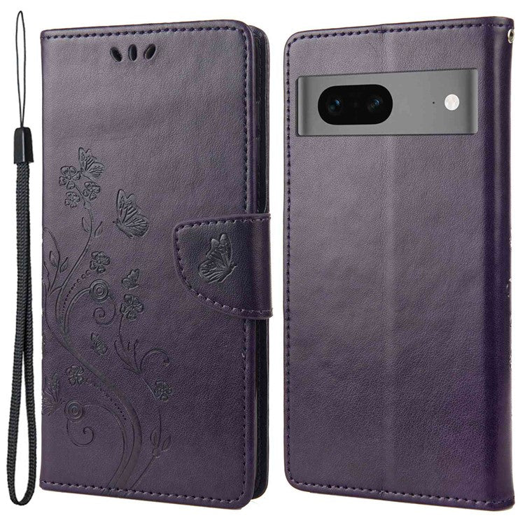 For Google Pixel 7 5G Imprinting Flower Butterflies Phone Cover PU Leather Anti-scratch Wallet Stand Case - Dark Purple