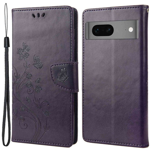 For Google Pixel 7 5G Imprinting Flower Butterflies Phone Cover PU Leather Anti-scratch Wallet Stand Case - Dark Purple