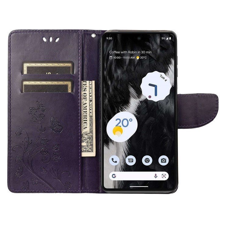 For Google Pixel 7 5G Imprinting Flower Butterflies Phone Cover PU Leather Anti-scratch Wallet Stand Case - Dark Purple