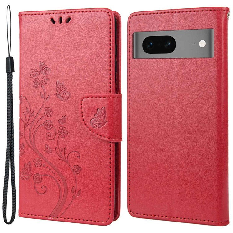 For Google Pixel 7 5G Imprinting Flower Butterflies Phone Cover PU Leather Anti-scratch Wallet Stand Case - Red