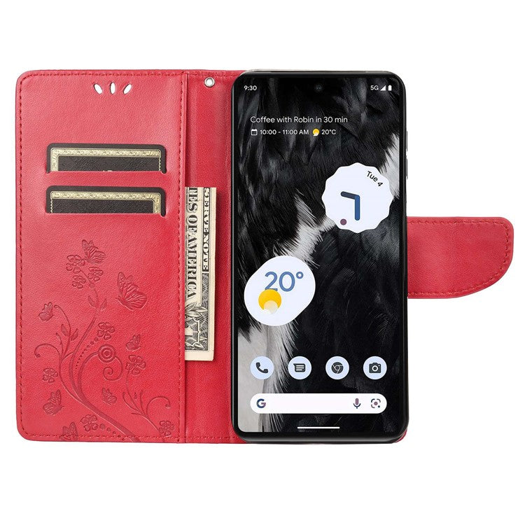 For Google Pixel 7 5G Imprinting Flower Butterflies Phone Cover PU Leather Anti-scratch Wallet Stand Case - Red