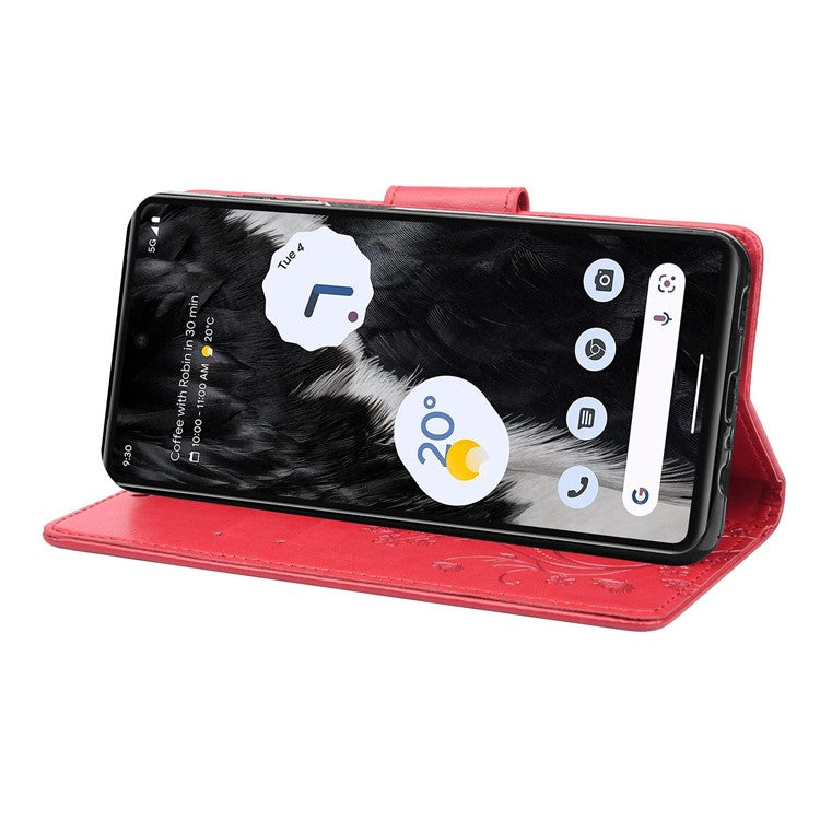 For Google Pixel 7 5G Imprinting Flower Butterflies Phone Cover PU Leather Anti-scratch Wallet Stand Case - Red