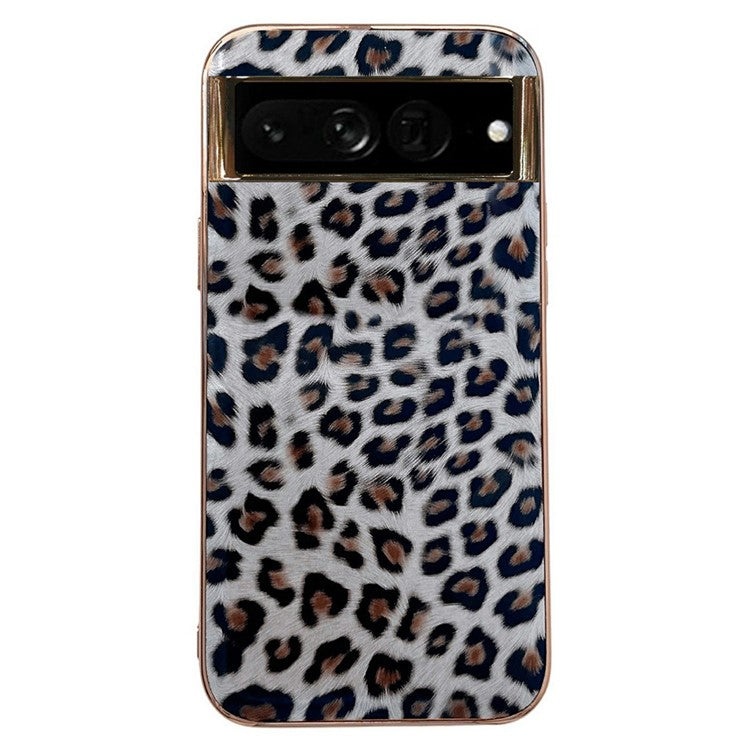 Electroplating Phone Case for Google Pixel 6 Pro 5G Leopard Pattern Shockproof Case Anti-Drop TPU+PU Leather Phone Cover - Silver