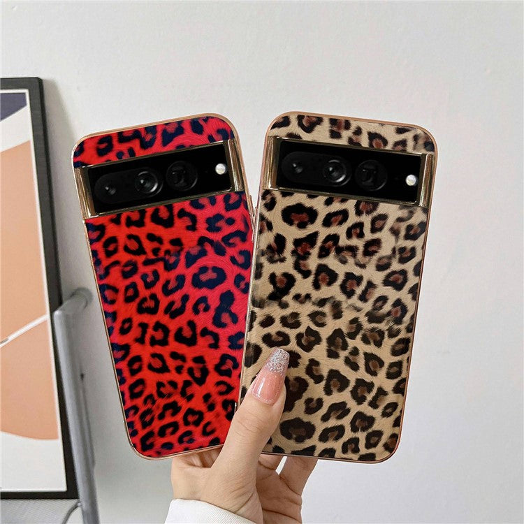 Electroplating Phone Case for Google Pixel 6 Pro 5G Leopard Pattern Shockproof Case Anti-Drop TPU+PU Leather Phone Cover - Red