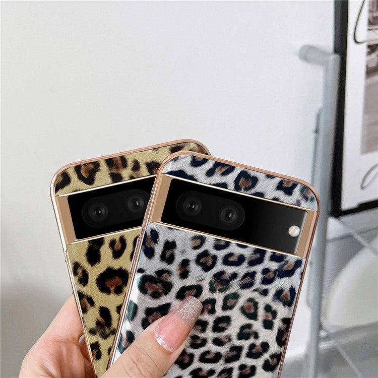 Leopard Pattern Phone Case for Google Pixel 6a Anti-Drop Shockproof Cover Electroplating TPU+PU Leather Phone Case - Silver