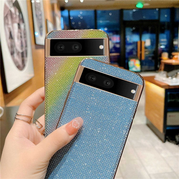 For Google Pixel 6a Electroplating Phone Case Rhinestone Decorated TPU+PU Leather Protective Cover - Blue