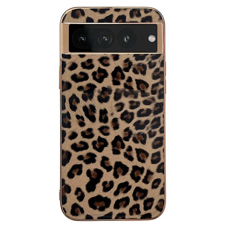 Electroplating Shockproof Case for Google Pixel 7 Pro 5G Leopard Pattern Phone Case Anti-Fall TPU+PU Leather Phone Protector - Brown