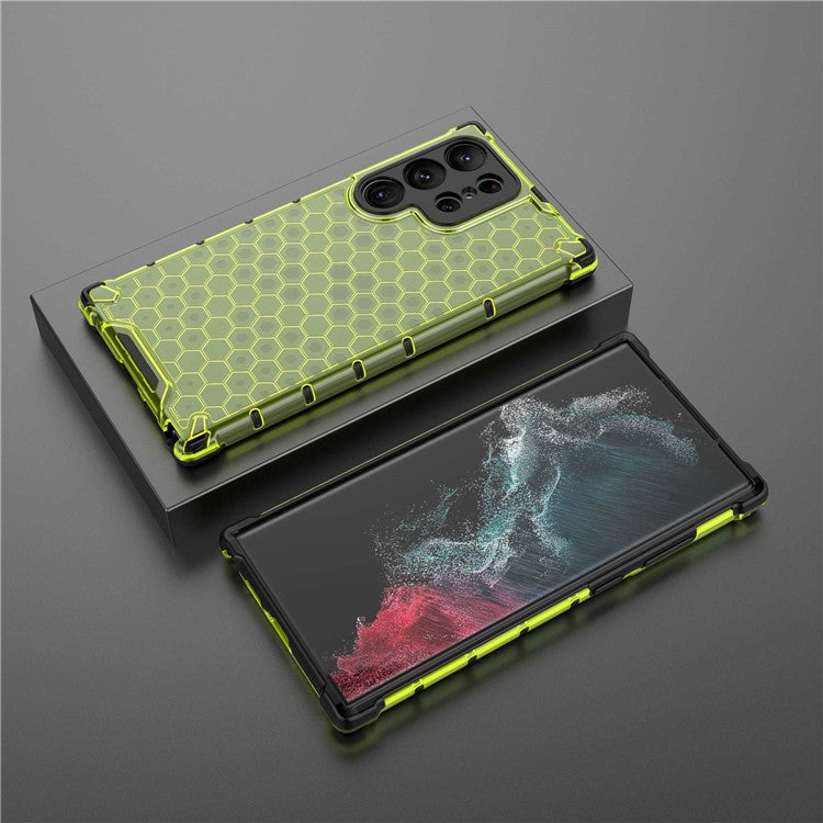 Shockproof Case for Samsung Galaxy S23 Ultra Honeycomb Textured Phone Case TPU + PC Protective Cover - Green