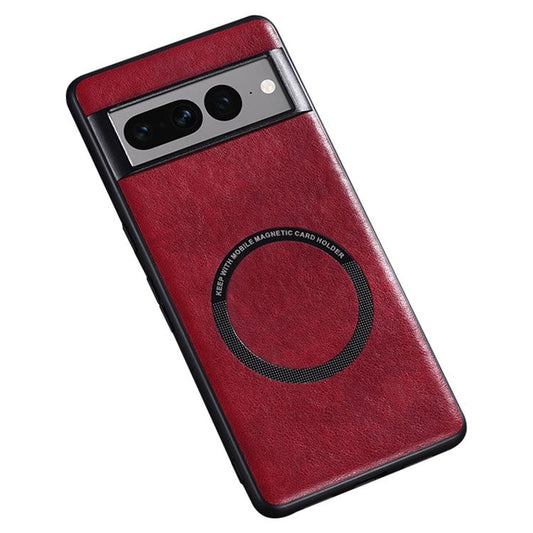 For Google Pixel 7 Pro 5G PU Leather Coated TPU+PC Case Magnetic Phone Protective Back Cover Compatible with MagSafe Charger - Red