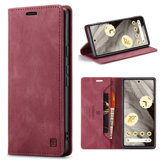 AUTSPACE A01 Series RFID Blocking Phone Case for Google Pixel 7 5G, PU Leather Drop Protection Magnetic Closure Vintage Matte Wallet Stand Cover - Red