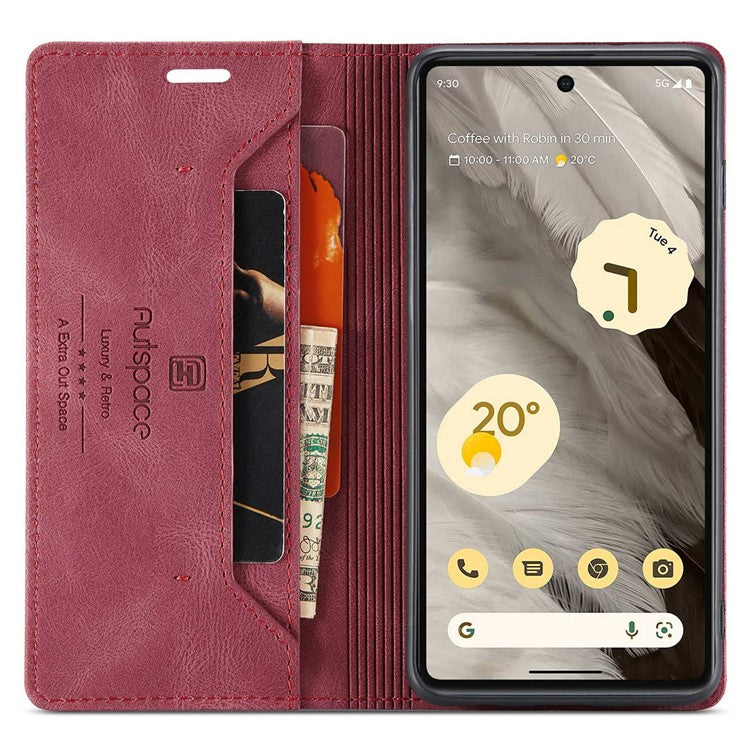 AUTSPACE A01 Series RFID Blocking Phone Case for Google Pixel 7 5G, PU Leather Drop Protection Magnetic Closure Vintage Matte Wallet Stand Cover - Red