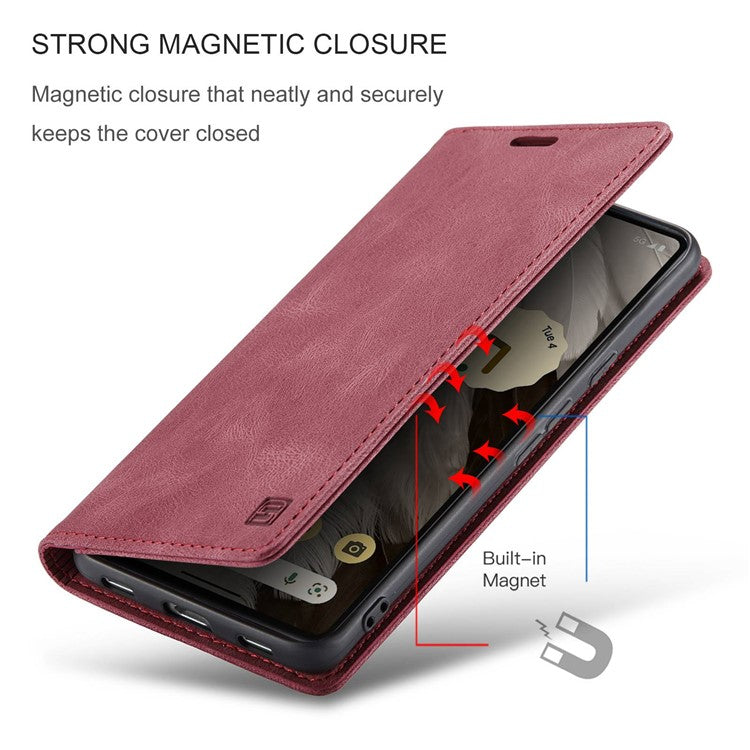 AUTSPACE A01 Series RFID Blocking Phone Case for Google Pixel 7 5G, PU Leather Drop Protection Magnetic Closure Vintage Matte Wallet Stand Cover - Red