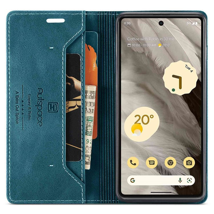 AUTSPACE A01 Series RFID Blocking Phone Case for Google Pixel 7 5G, PU Leather Drop Protection Magnetic Closure Vintage Matte Wallet Stand Cover - Blue