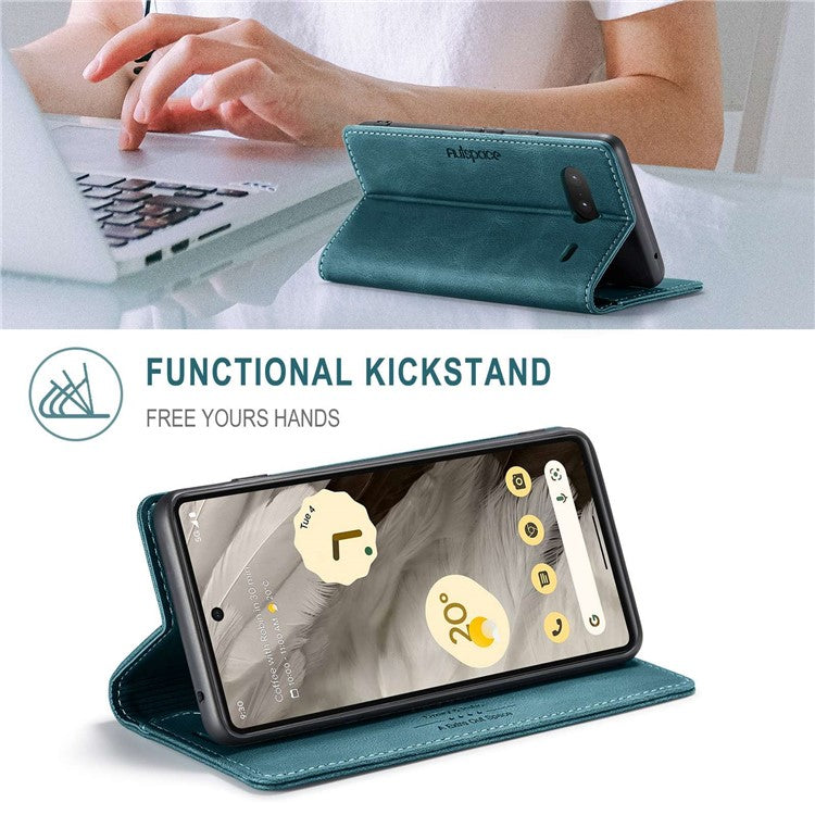 AUTSPACE A01 Series RFID Blocking Phone Case for Google Pixel 7 5G, PU Leather Drop Protection Magnetic Closure Vintage Matte Wallet Stand Cover - Blue