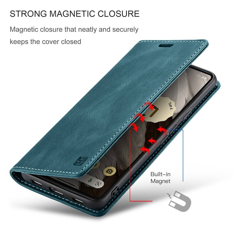AUTSPACE A01 Series RFID Blocking Phone Case for Google Pixel 7 5G, PU Leather Drop Protection Magnetic Closure Vintage Matte Wallet Stand Cover - Blue