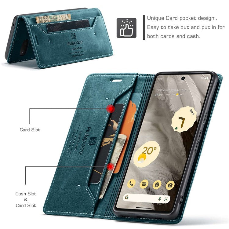 AUTSPACE A01 Series RFID Blocking Phone Case for Google Pixel 7 5G, PU Leather Drop Protection Magnetic Closure Vintage Matte Wallet Stand Cover - Blue