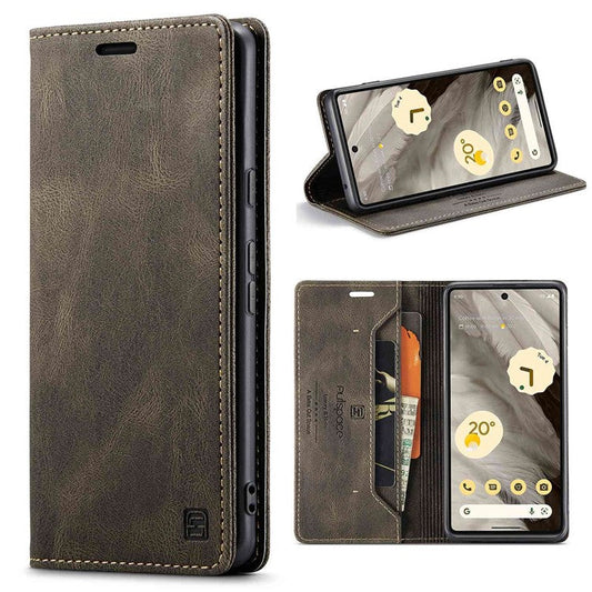 AUTSPACE A01 Series RFID Blocking Phone Case for Google Pixel 7 5G, PU Leather Drop Protection Magnetic Closure Vintage Matte Wallet Stand Cover - Coffee