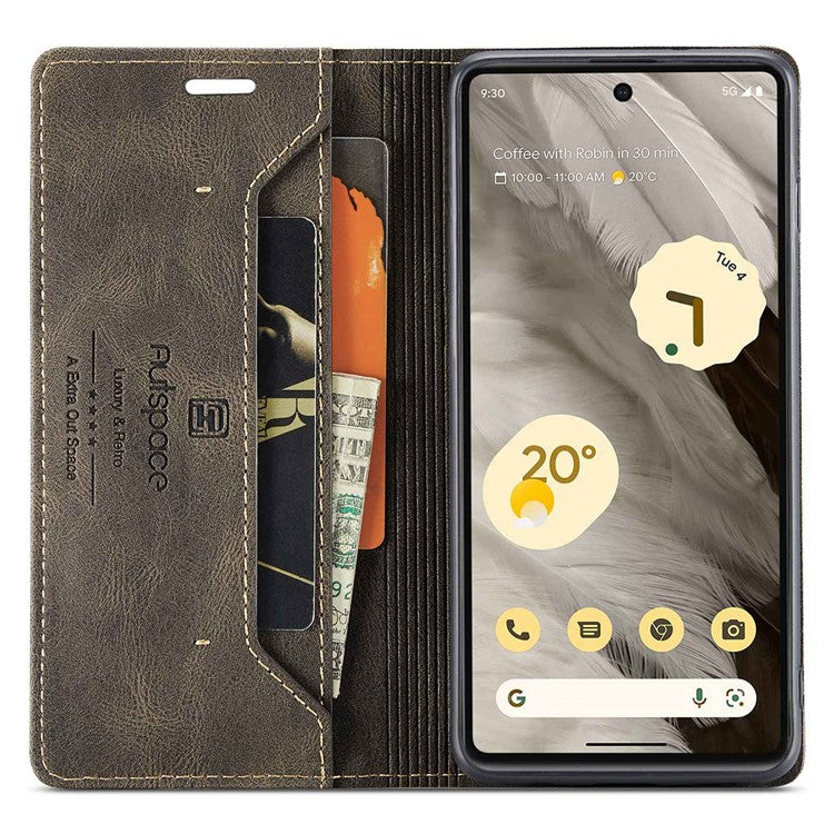 AUTSPACE A01 Series RFID Blocking Phone Case for Google Pixel 7 5G, PU Leather Drop Protection Magnetic Closure Vintage Matte Wallet Stand Cover - Coffee