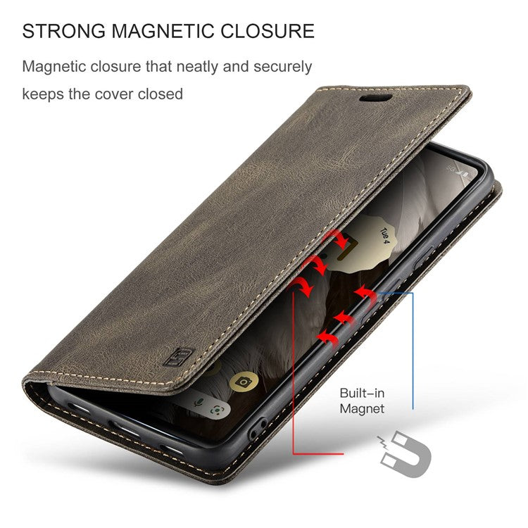 AUTSPACE A01 Series RFID Blocking Phone Case for Google Pixel 7 5G, PU Leather Drop Protection Magnetic Closure Vintage Matte Wallet Stand Cover - Coffee