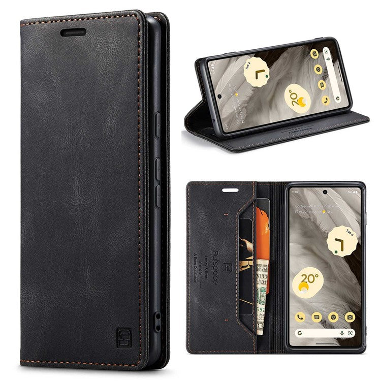 AUTSPACE A01 Series RFID Blocking Phone Case for Google Pixel 7 5G, PU Leather Drop Protection Magnetic Closure Vintage Matte Wallet Stand Cover - Black