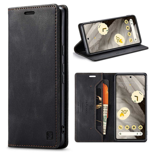 AUTSPACE A01 Series RFID Blocking Phone Case for Google Pixel 7 5G, PU Leather Drop Protection Magnetic Closure Vintage Matte Wallet Stand Cover - Black