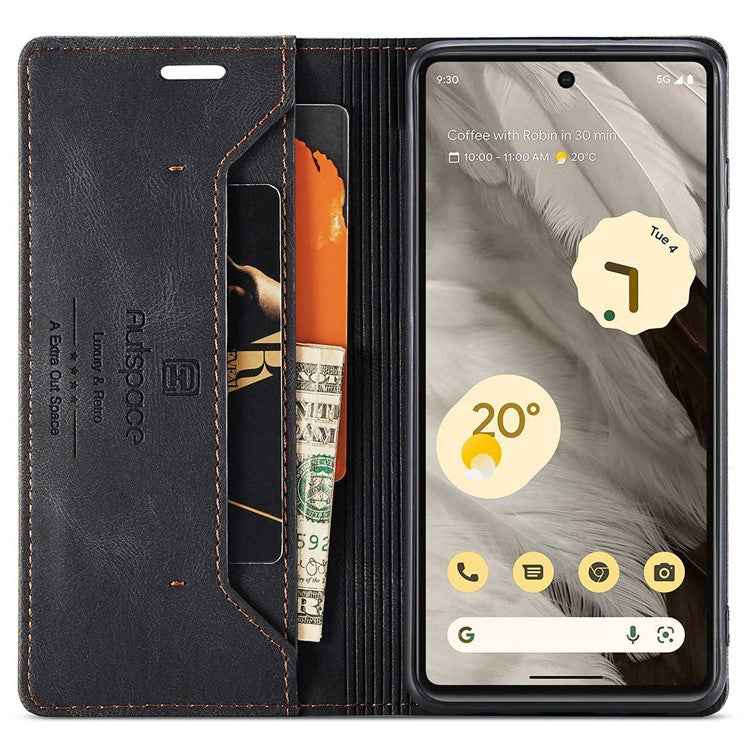 AUTSPACE A01 Series RFID Blocking Phone Case for Google Pixel 7 5G, PU Leather Drop Protection Magnetic Closure Vintage Matte Wallet Stand Cover - Black