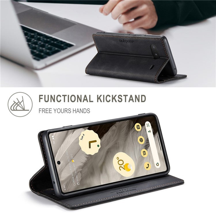 AUTSPACE A01 Series RFID Blocking Phone Case for Google Pixel 7 5G, PU Leather Drop Protection Magnetic Closure Vintage Matte Wallet Stand Cover - Black