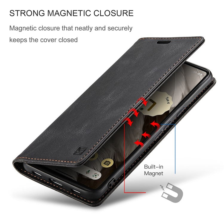 AUTSPACE A01 Series RFID Blocking Phone Case for Google Pixel 7 5G, PU Leather Drop Protection Magnetic Closure Vintage Matte Wallet Stand Cover - Black