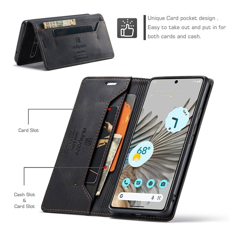 AUTSPACE A01 Series For Google Pixel 7 Pro 5G Retro Matte PU Leather Phone Case RFID Blocking Cover with Foldable Stand Wallet - Black