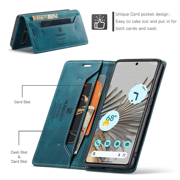 AUTSPACE A01 Series For Google Pixel 7 Pro 5G Retro Matte PU Leather Phone Case RFID Blocking Cover with Foldable Stand Wallet - Blue