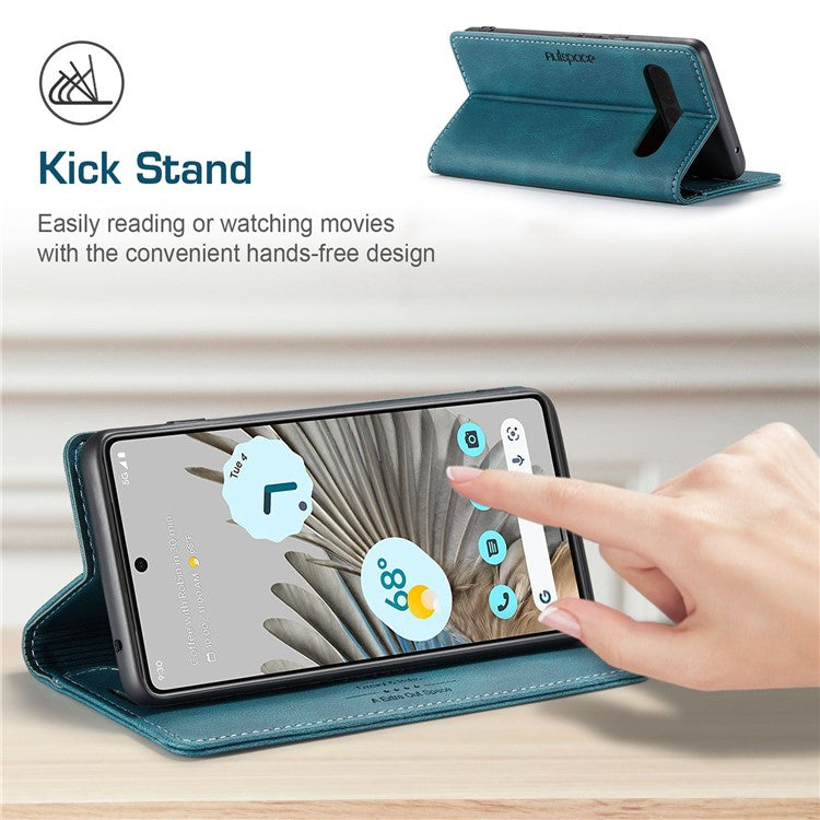 AUTSPACE A01 Series For Google Pixel 7 Pro 5G Retro Matte PU Leather Phone Case RFID Blocking Cover with Foldable Stand Wallet - Blue