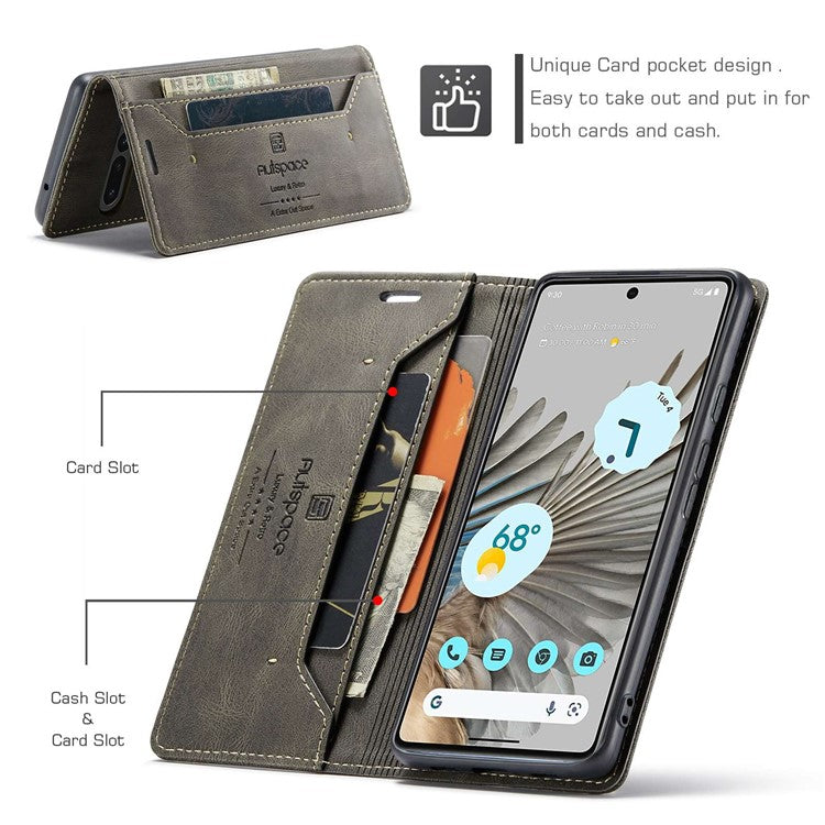 AUTSPACE A01 Series For Google Pixel 7 Pro 5G Retro Matte PU Leather Phone Case RFID Blocking Cover with Foldable Stand Wallet - Coffee
