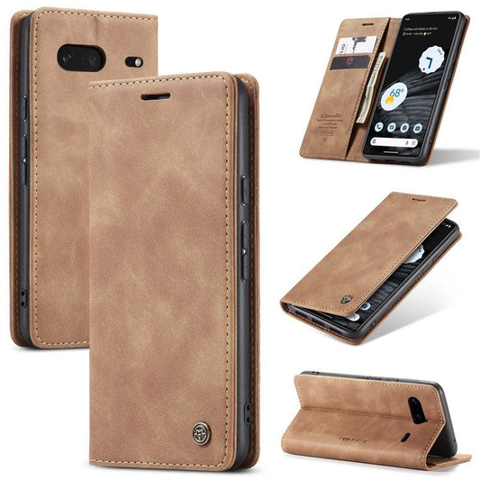 CASEME 013 Series Anti-drop Flip Phone Case for Google Pixel 7 5G, Magnetic Auto-absorbed Anti-scratch PU Leather Phone Cover with Wallet Stand - Brown