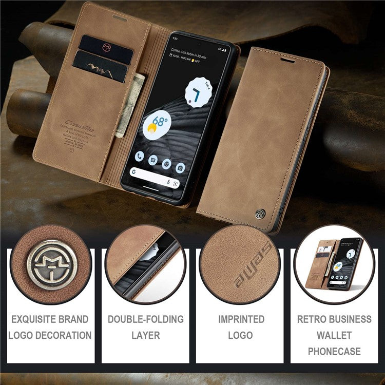 CASEME 013 Series Anti-drop Flip Phone Case for Google Pixel 7 5G, Magnetic Auto-absorbed Anti-scratch PU Leather Phone Cover with Wallet Stand - Brown